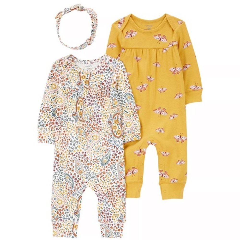 Brand New Baby Girl Coveralls & Hat Set, 2 Coveralls Included Size 6 Months NWT
